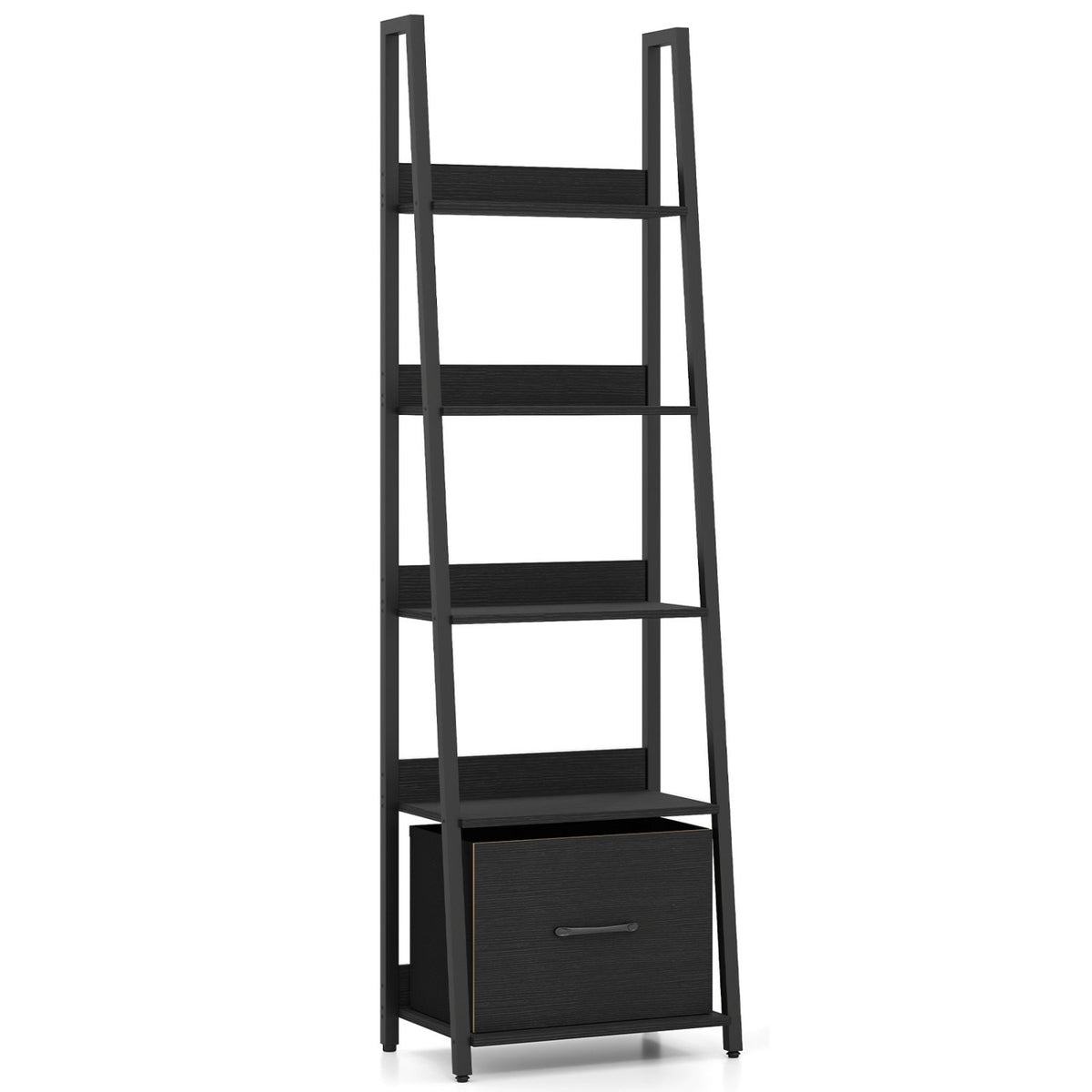 5-Tier Ladder Bookshelf with Fabric Drawer for Living Room and Home Office