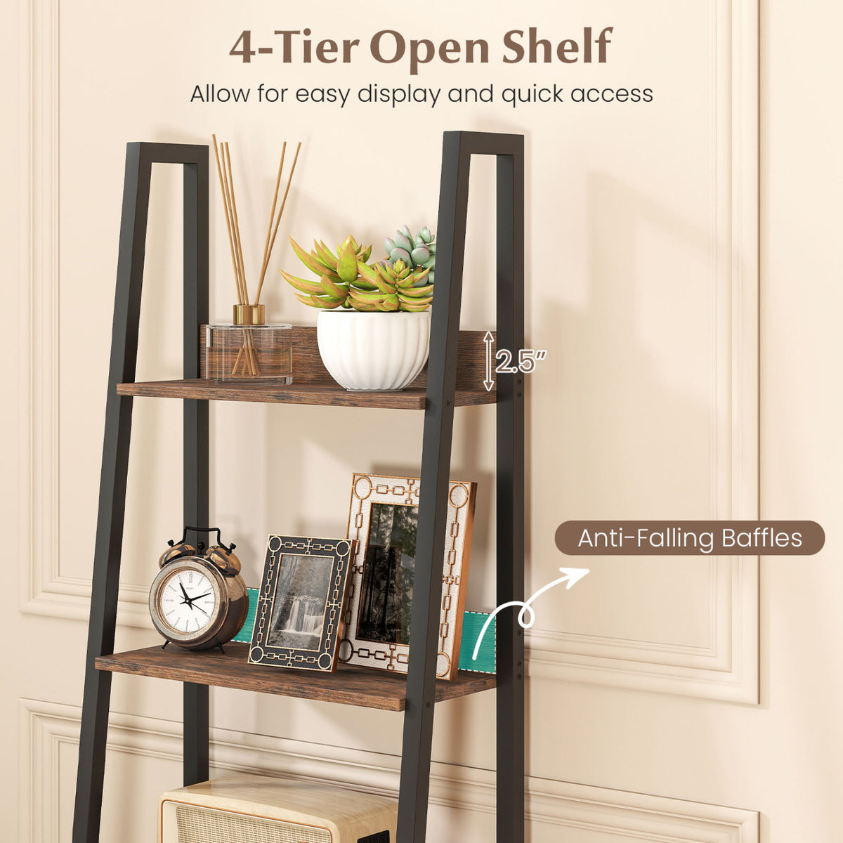 5-Tier Ladder Bookshelf with Fabric Drawer for Living Room and Home Office