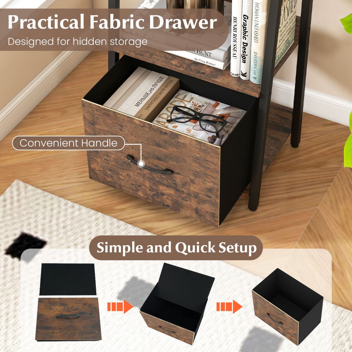5-Tier Ladder Bookshelf with Fabric Drawer for Living Room and Home Office
