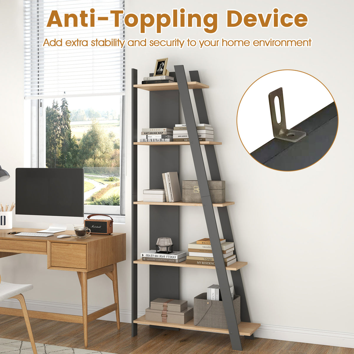 5-Tier Modern Bookshelf Narrow Vertical Display Shelf for Small Space