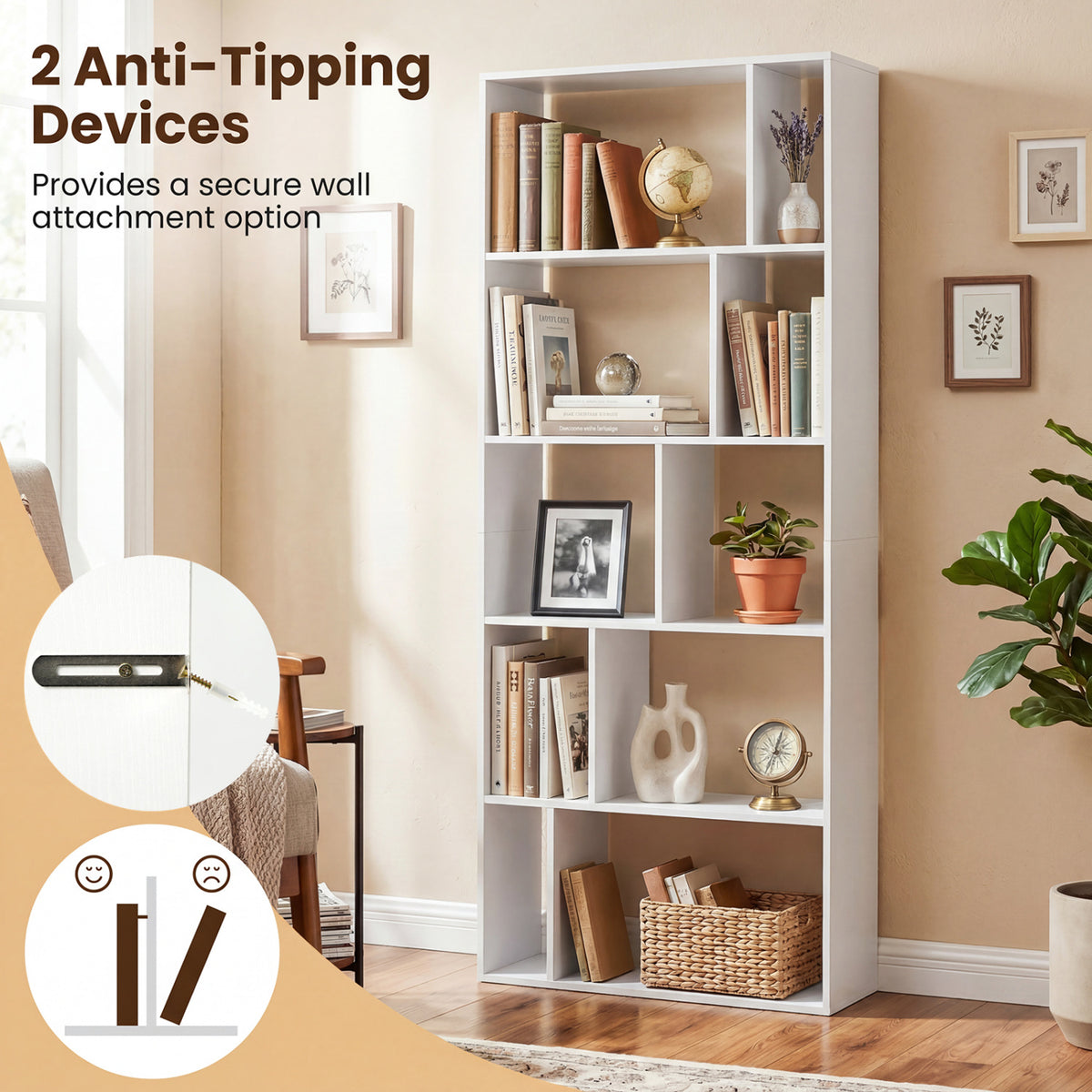 5-Tier Modern Bookshelf with Open Back and 2 Anti-Tipping Kits