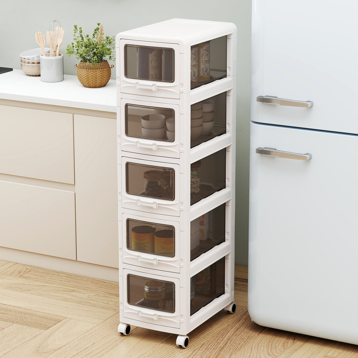 4-Tier/5-Tier/3-Tier Plastic Drawer Storage Organizer Rolling Cart with 3/4/5 Drawers and Lockable Wheels