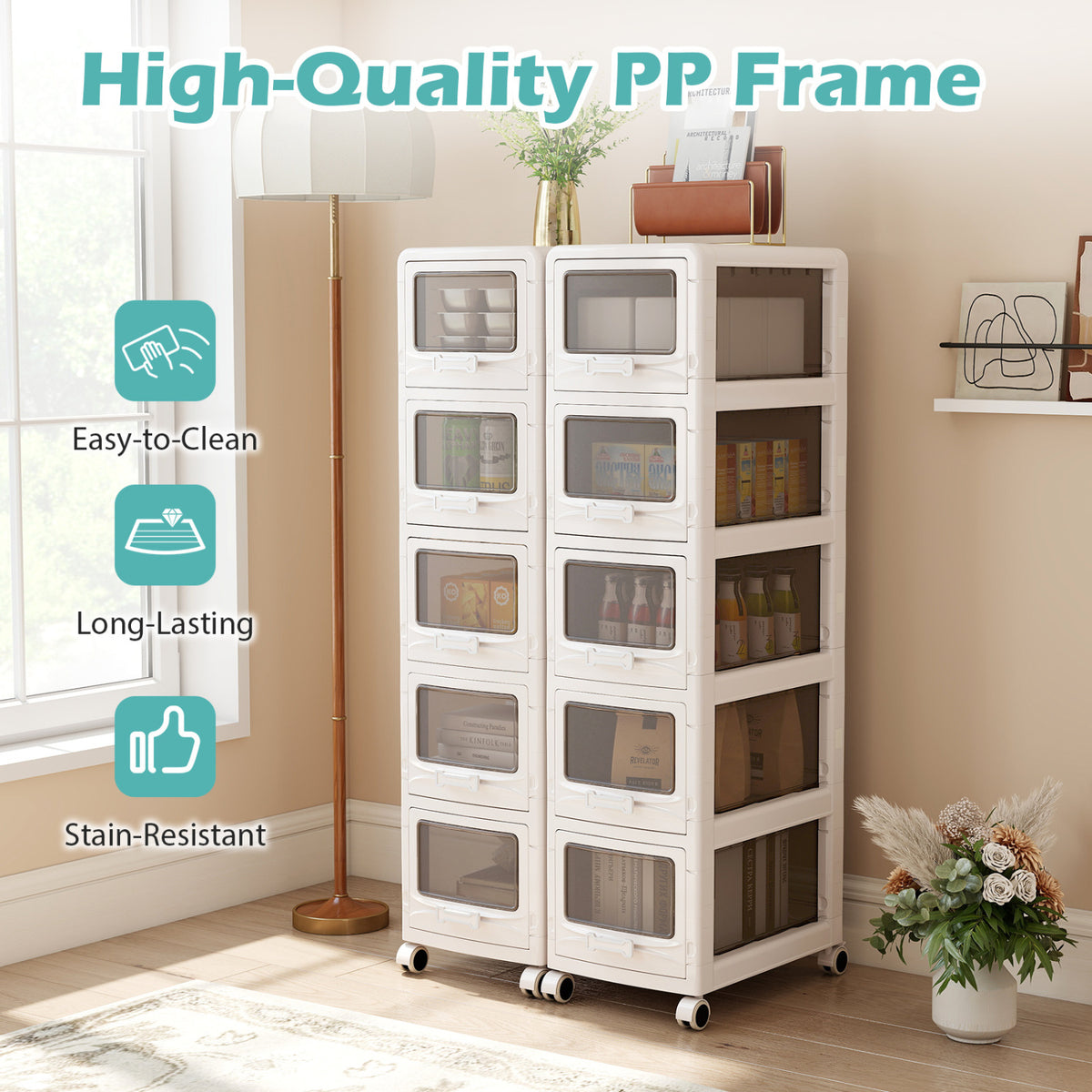 4-Tier/5-Tier/3-Tier Plastic Drawer Storage Organizer Rolling Cart with 3/4/5 Drawers and Lockable Wheels