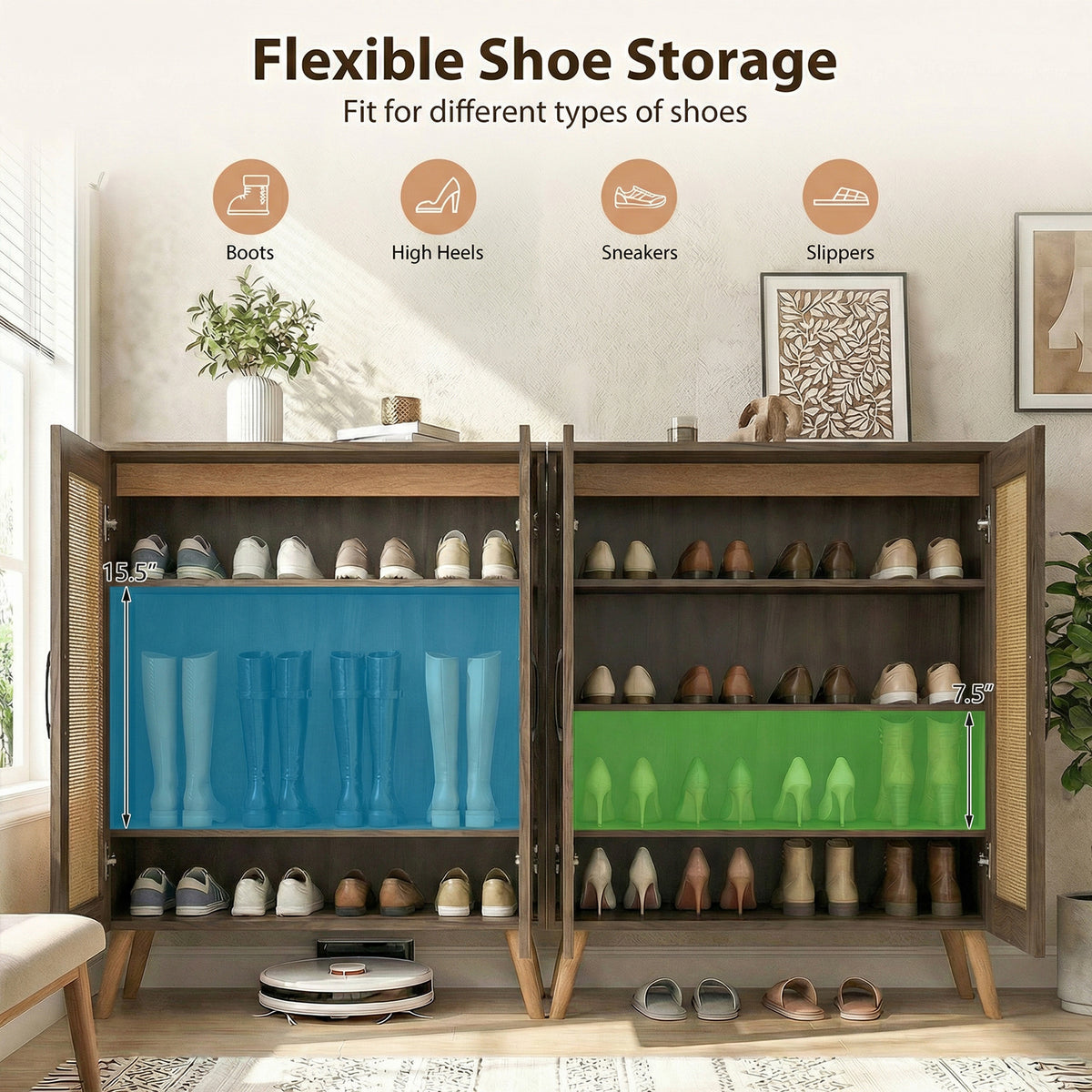 5-Tier Rattan Shoe Cabinet with 3 Removable Shelves