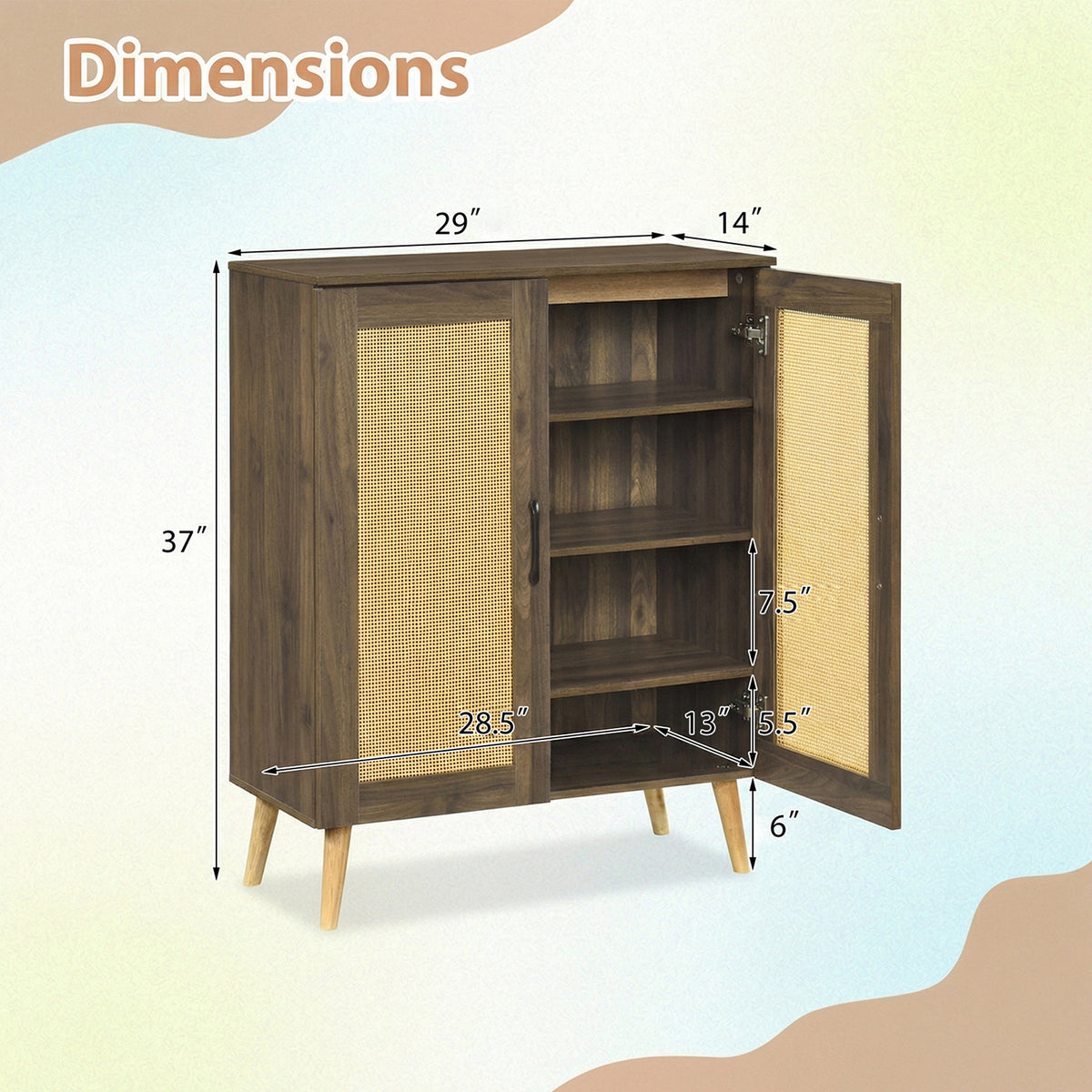 5-Tier Rattan Shoe Cabinet with 3 Removable Shelves