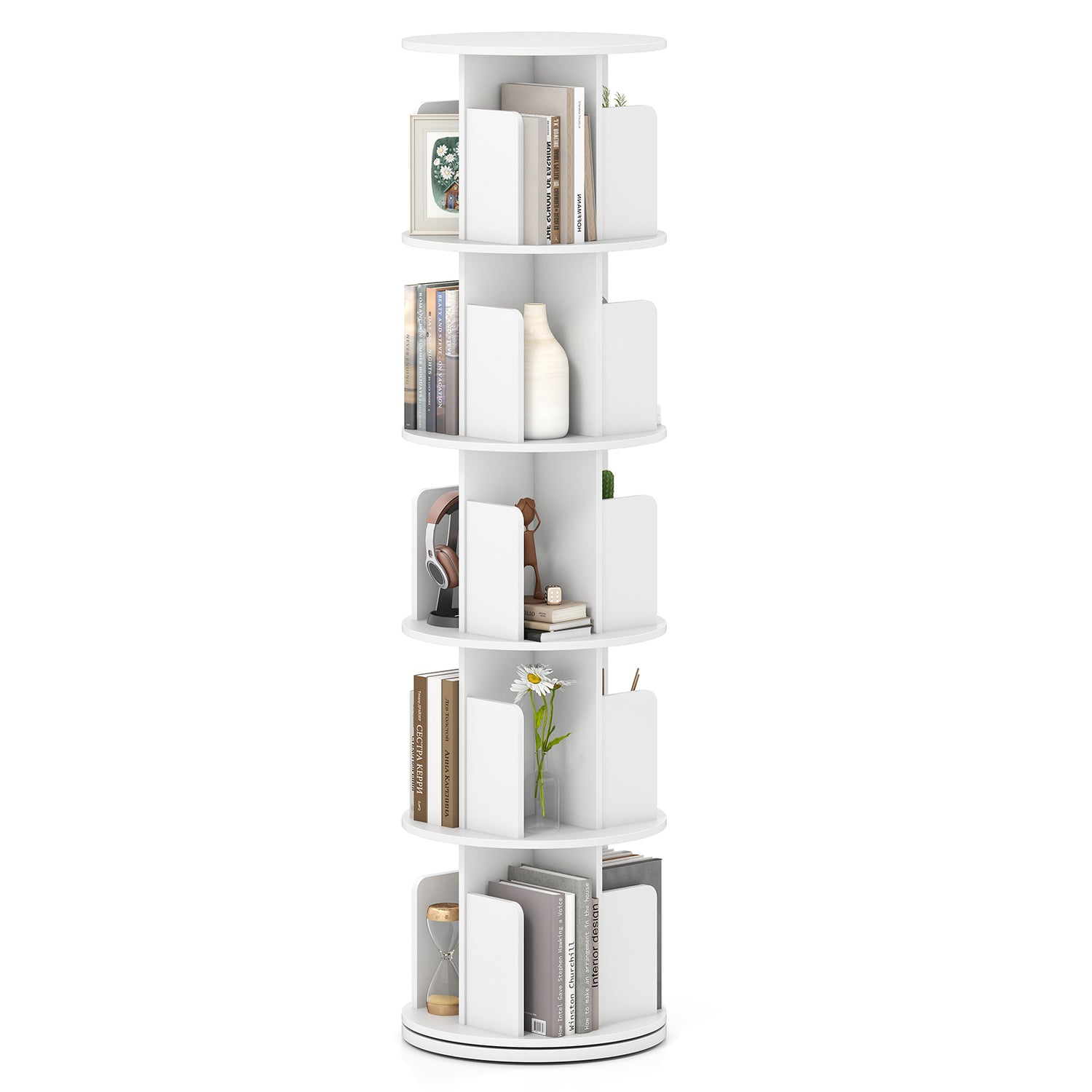 5-Tier Rotating Bookshelf 360° Display Rack with Dividers and Anti-falling Baffles