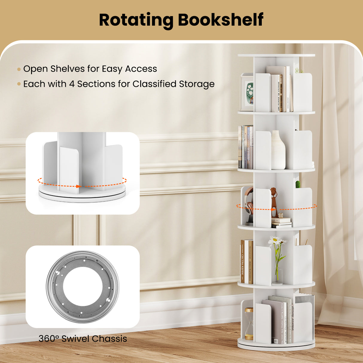 5-Tier Rotating Bookshelf 360° Display Rack with Dividers and Anti-falling Baffles