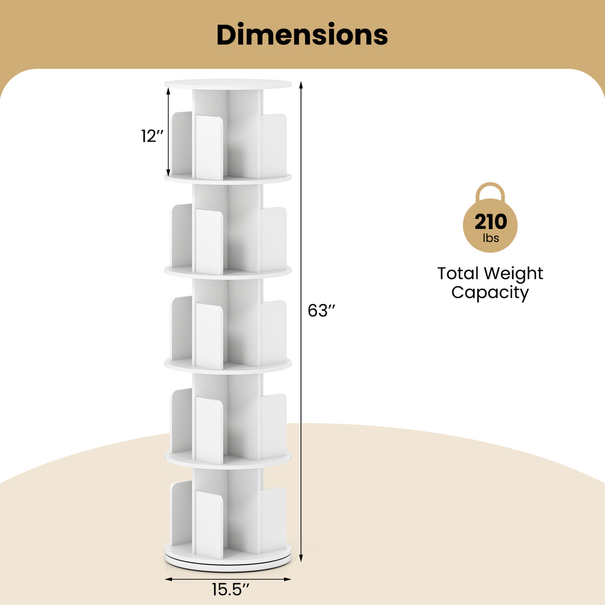 5-Tier Rotating Bookshelf 360° Display Rack with Dividers and Anti-falling Baffles