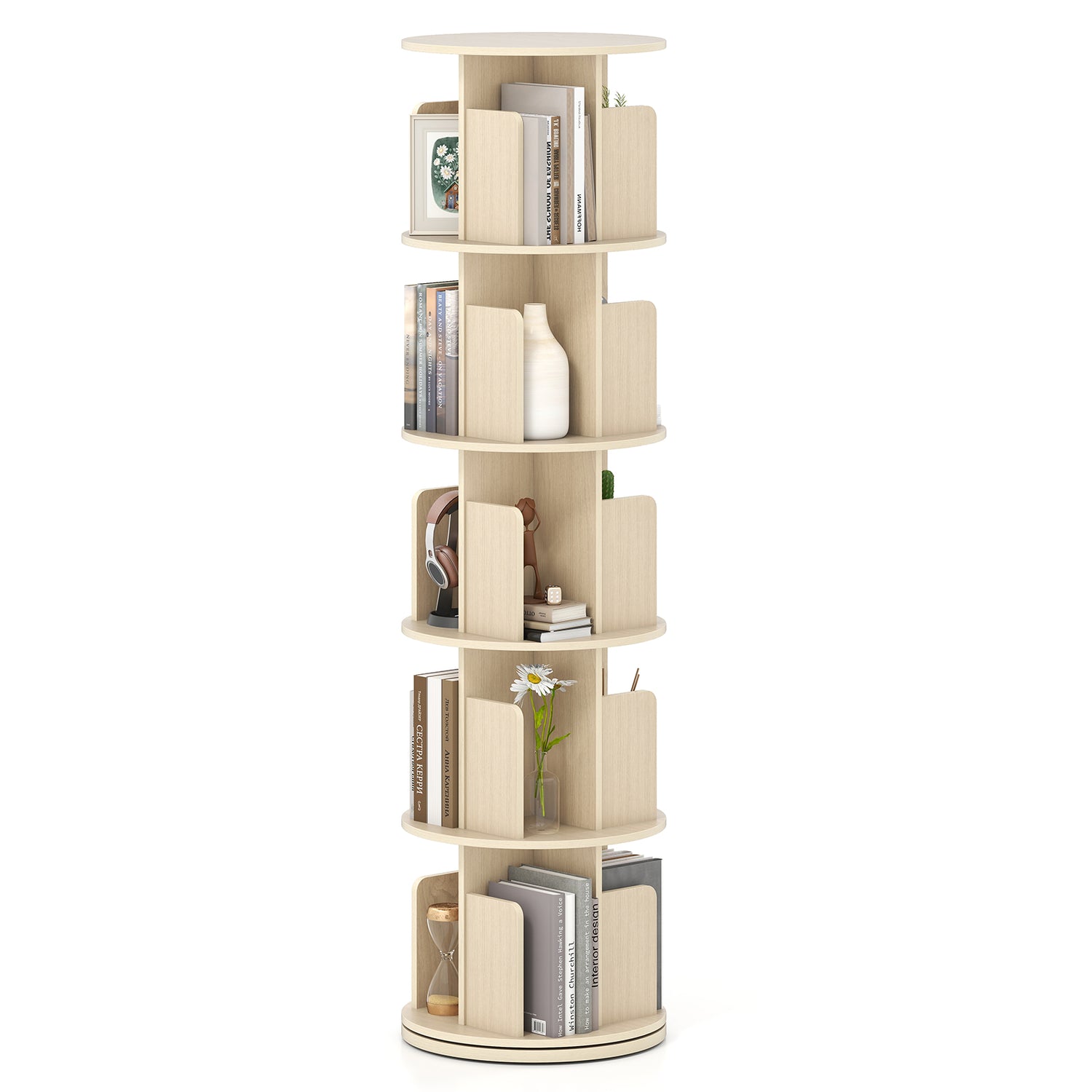 5-Tier Rotating Bookshelf 360° Display Rack with Dividers and Anti-falling Baffles