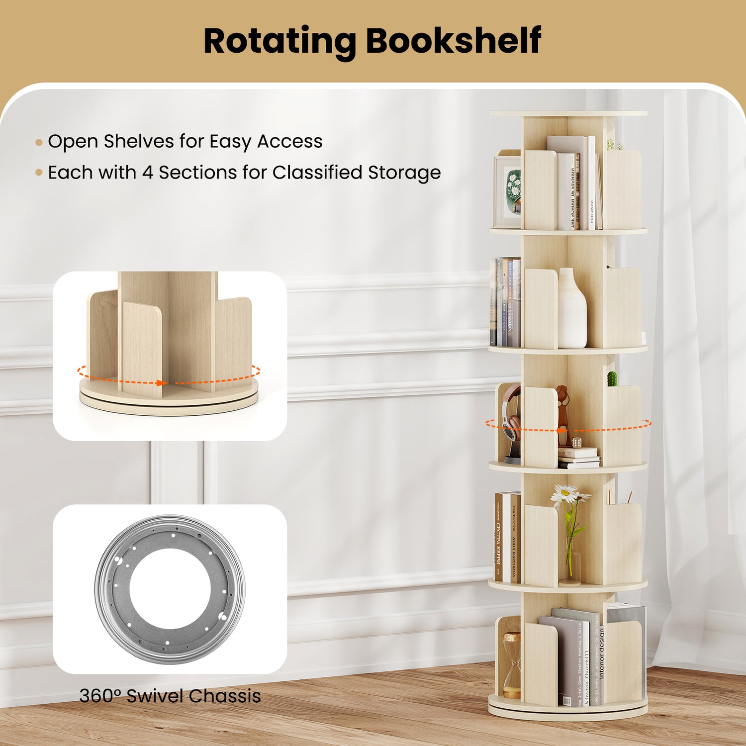 5-Tier Rotating Bookshelf 360° Display Rack with Dividers and Anti-falling Baffles