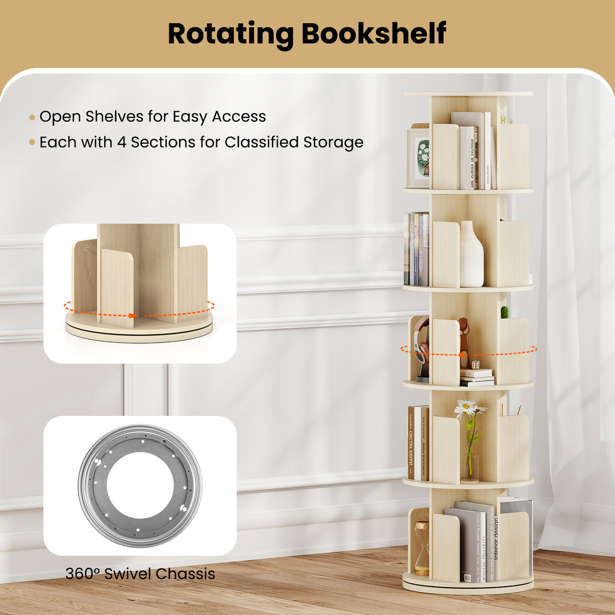 5-Tier Rotating Bookshelf 360° Display Rack with Dividers and Anti-falling Baffles