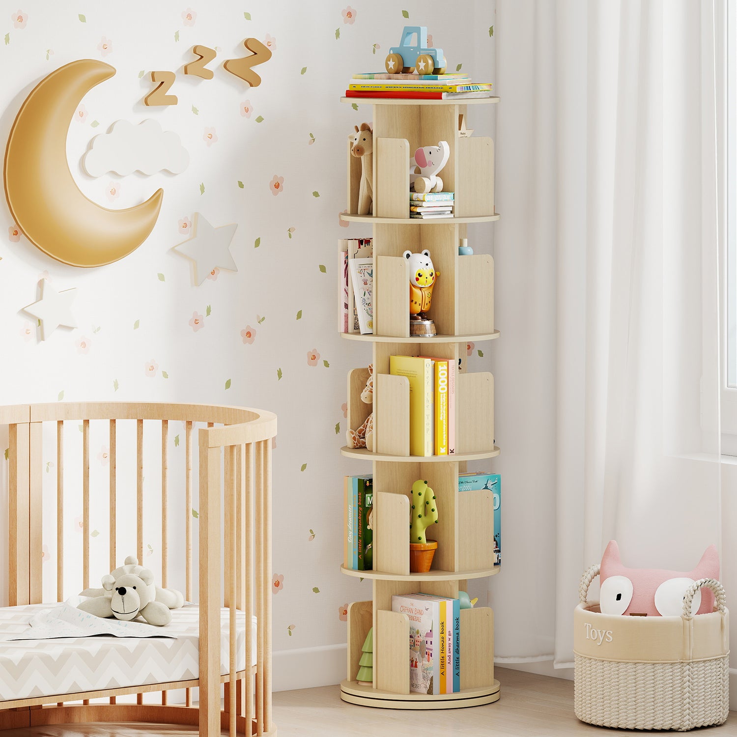 5-Tier Rotating Bookshelf 360° Display Rack with Dividers and Anti-falling Baffles