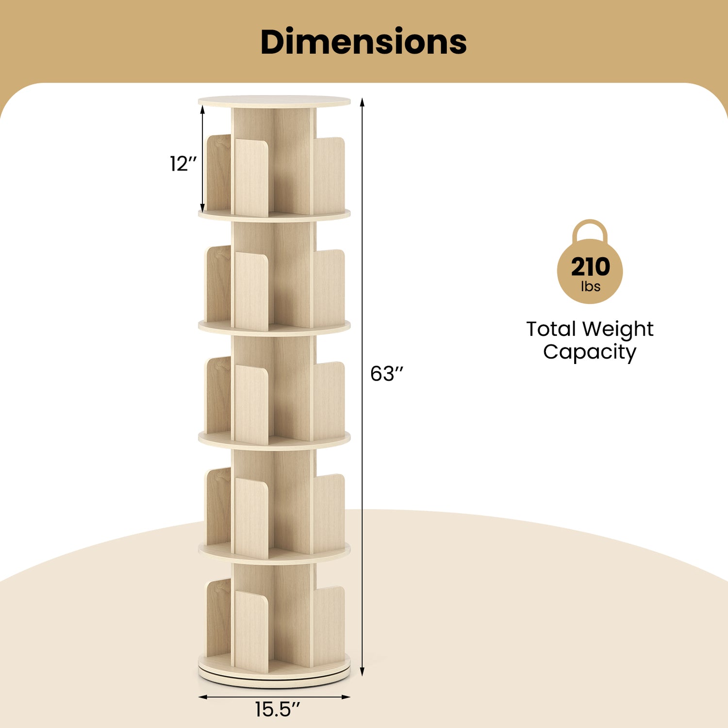 5-Tier Rotating Bookshelf 360° Display Rack with Dividers and Anti-falling Baffles