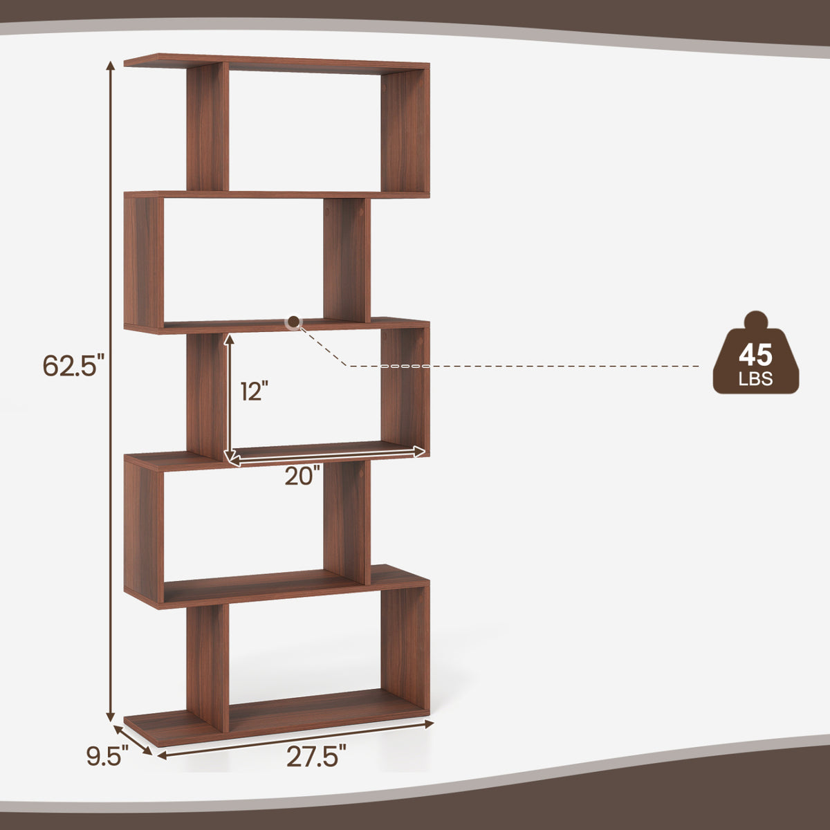 5-Tier S-Shaped Bookshelf with Anti-Tip Kit for Living Room Home Office
