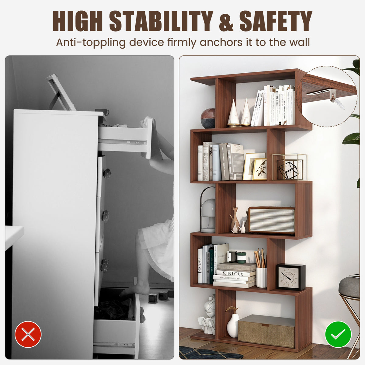 5-Tier S-Shaped Bookshelf with Anti-Tip Kit for Living Room Home Office