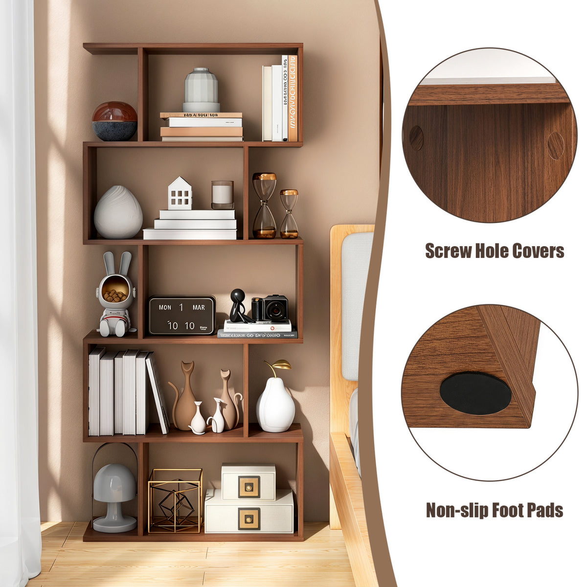 5-Tier S-Shaped Bookshelf with Anti-Tip Kit for Living Room Home Office