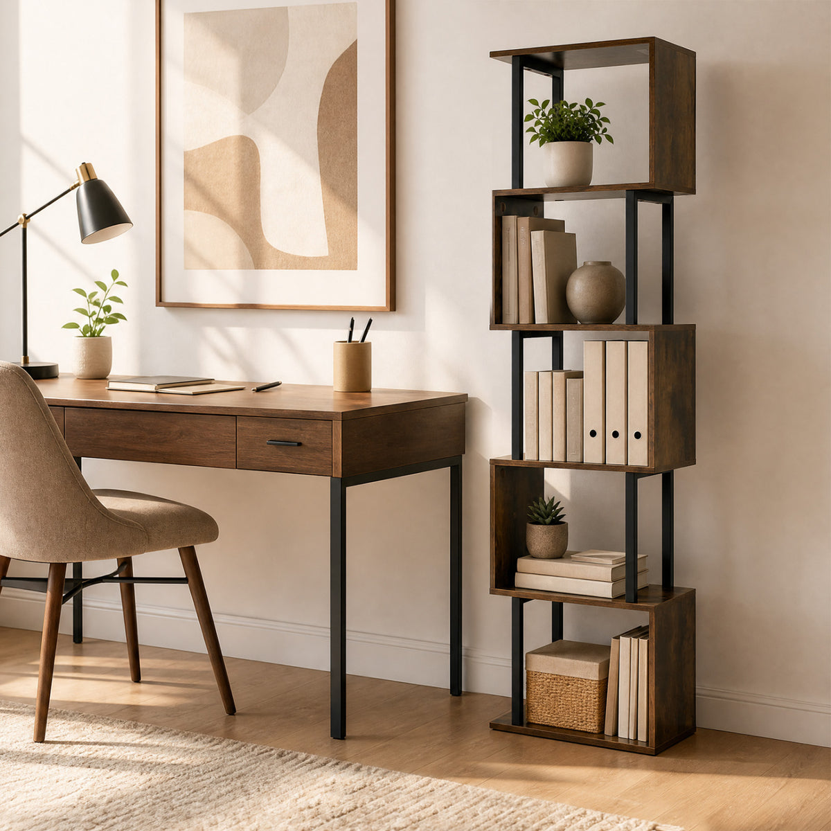 5-Tier S-Shaped Bookshelf w//with Open Cubes &/and Anti-toppling Kits for Living Room