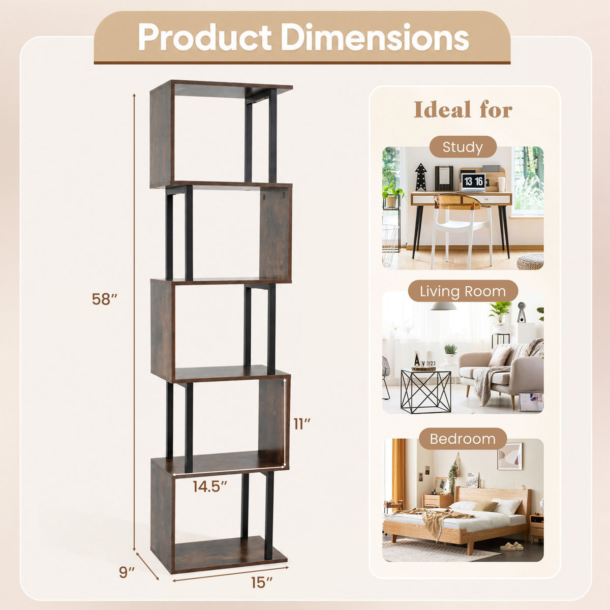 5-Tier S-Shaped Bookshelf w//with Open Cubes &/and Anti-toppling Kits for Living Room