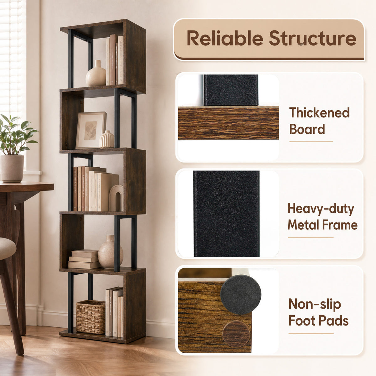 5-Tier S-Shaped Bookshelf w//with Open Cubes &/and Anti-toppling Kits for Living Room
