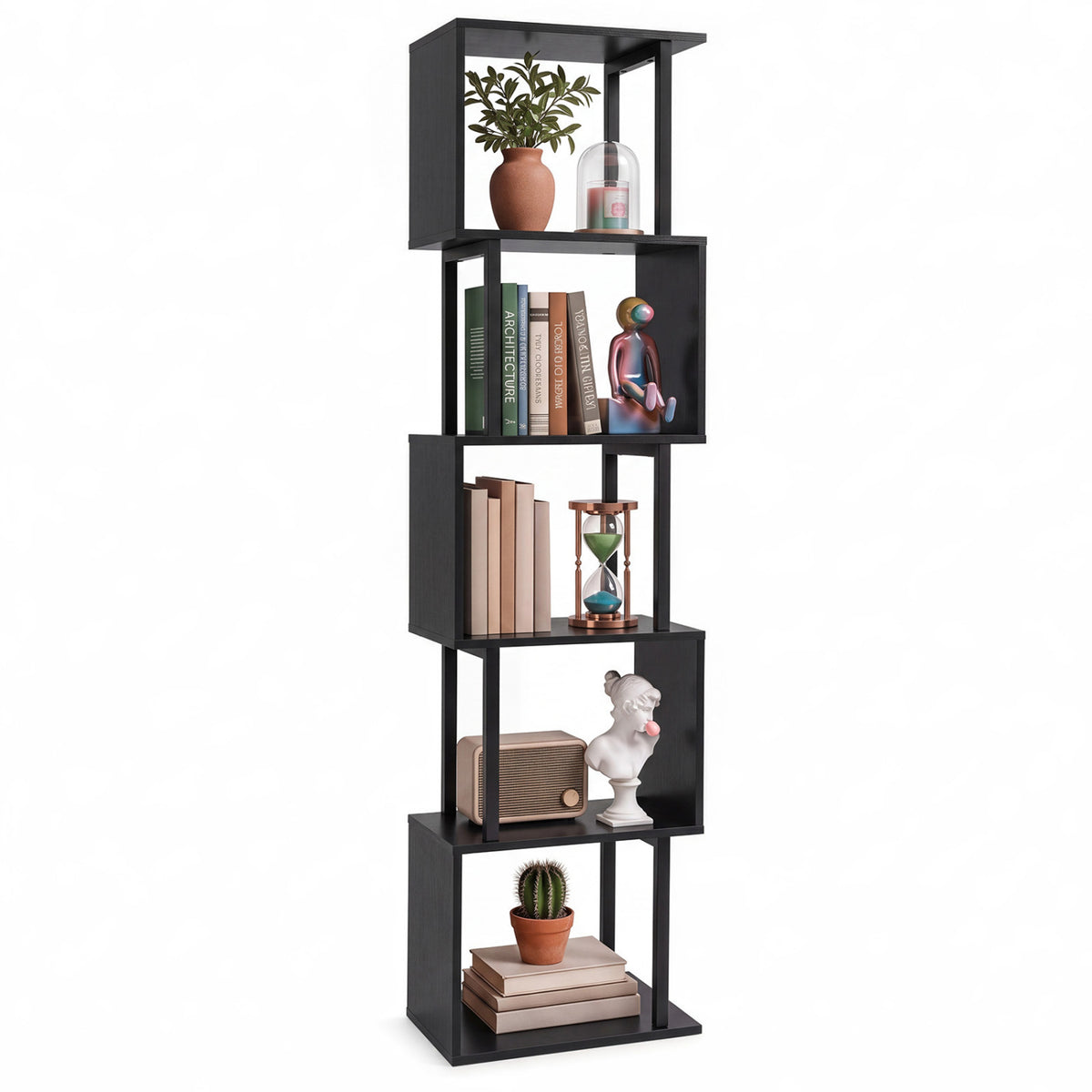 5-Tier S-Shaped Bookshelf w//with Open Cubes &/and Anti-toppling Kits for Living Room
