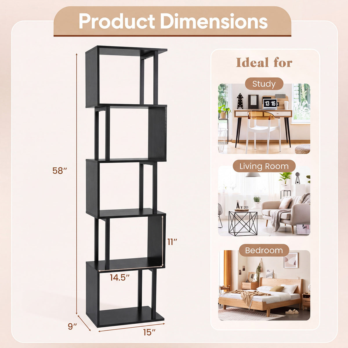 5-Tier S-Shaped Bookshelf w//with Open Cubes &/and Anti-toppling Kits for Living Room