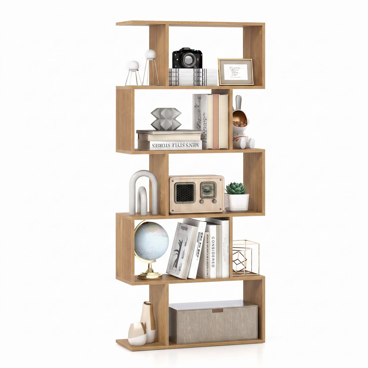 5-Tier S-Shaped Bookshelf with Anti-Tip Kit for Living Room Home Office