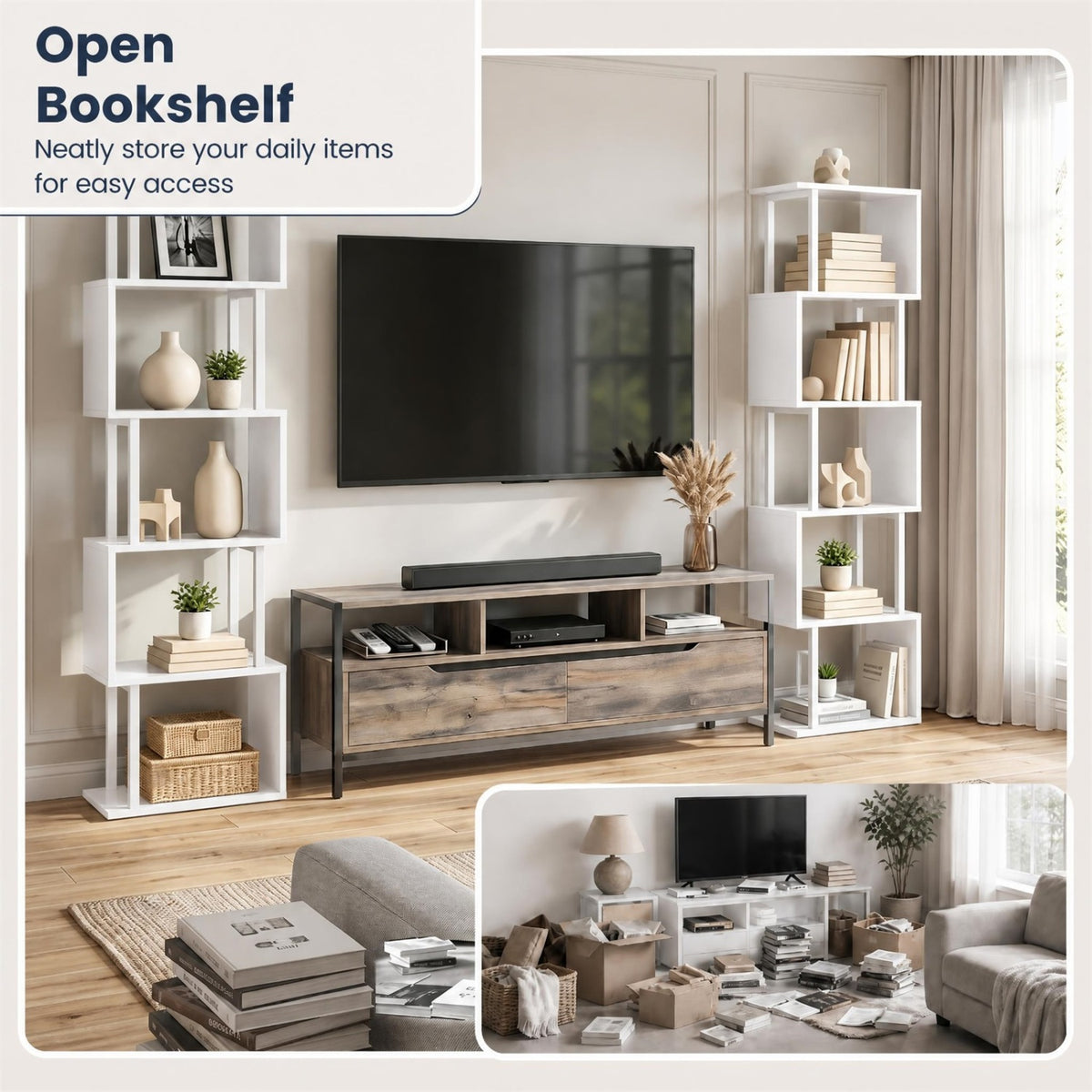5-Tier S-Shaped Bookshelf w//with Open Cubes &/and Anti-toppling Kits for Living Room