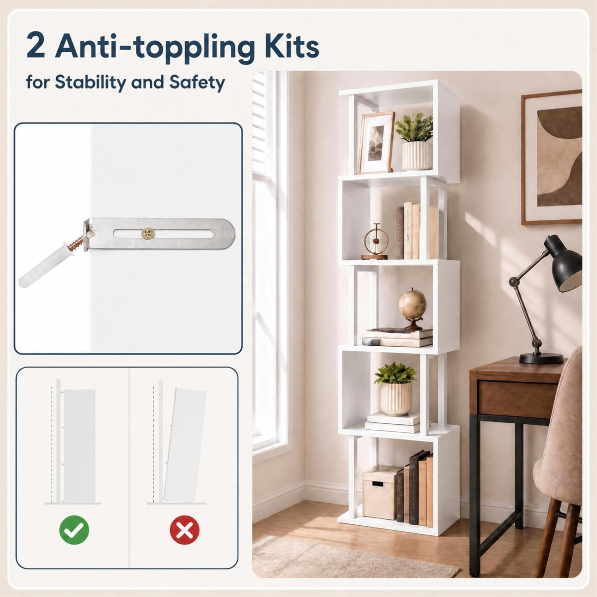 5-Tier S-Shaped Bookshelf w//with Open Cubes &/and Anti-toppling Kits for Living Room
