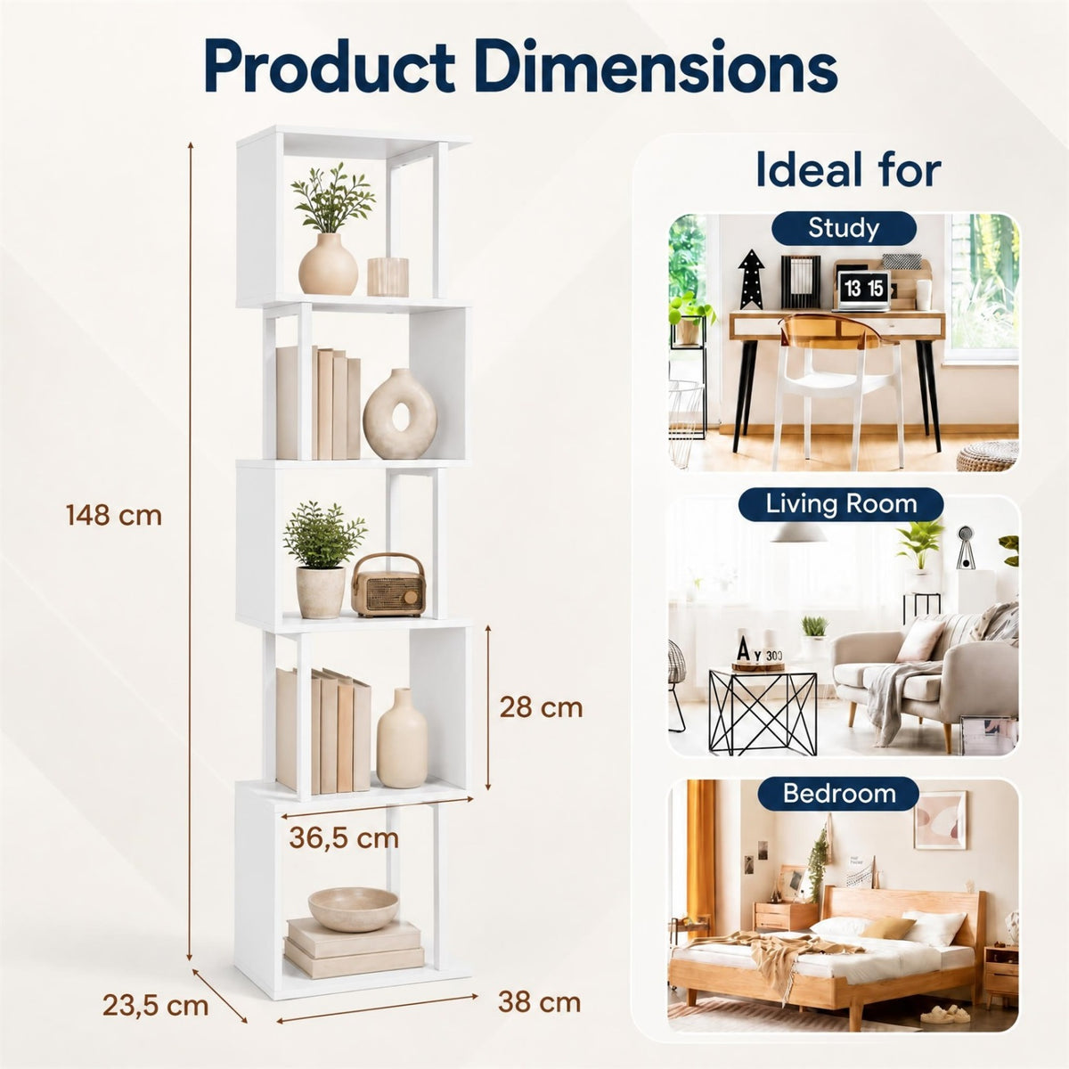 5-Tier S-Shaped Bookshelf w//with Open Cubes &/and Anti-toppling Kits for Living Room