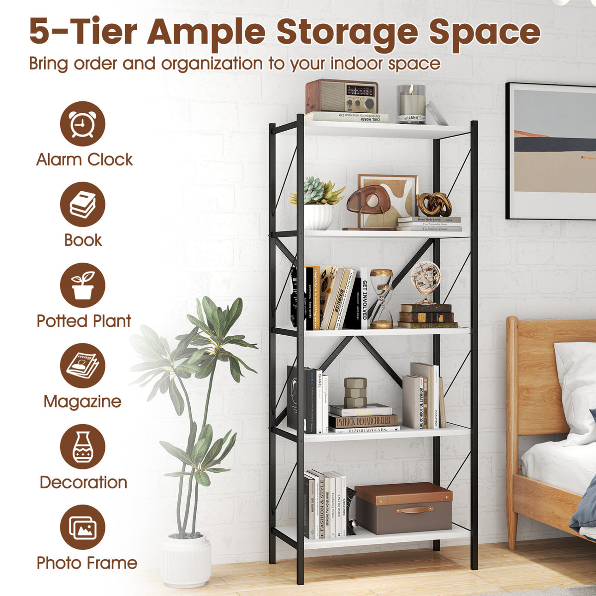 5-Tier Tall Bookshelf Industrial Bookcase with Heavy-Duty Metal Frame Modern Storage