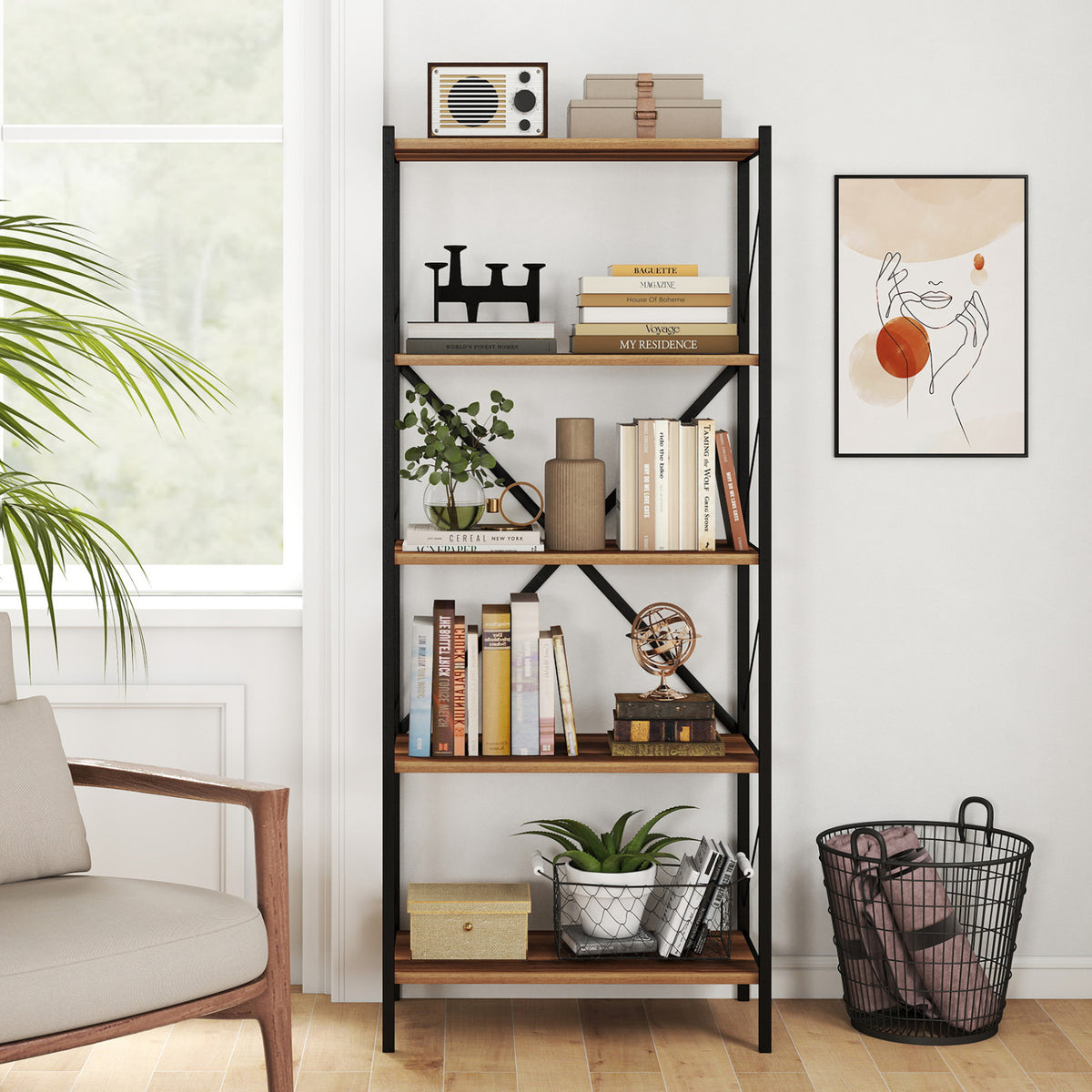 5-Tier Tall Bookshelf Industrial Bookcase with Heavy-Duty Metal Frame Modern Storage