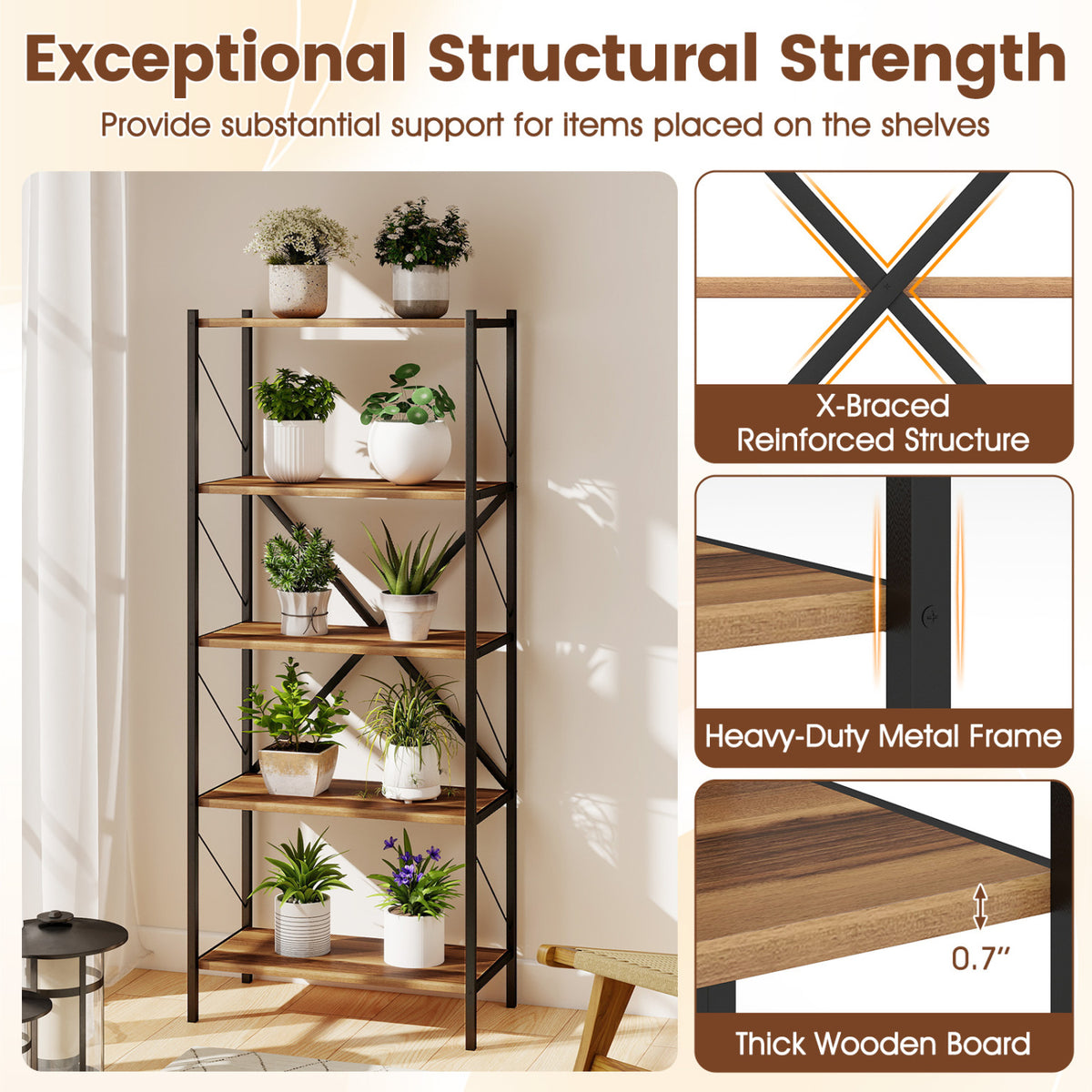 5-Tier Tall Bookshelf Industrial Bookcase with Heavy-Duty Metal Frame Modern Storage