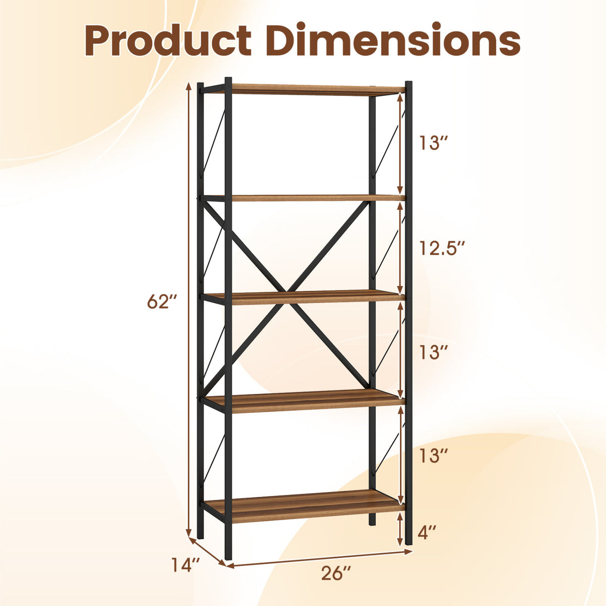 5-Tier Tall Bookshelf Industrial Bookcase with Heavy-Duty Metal Frame Modern Storage