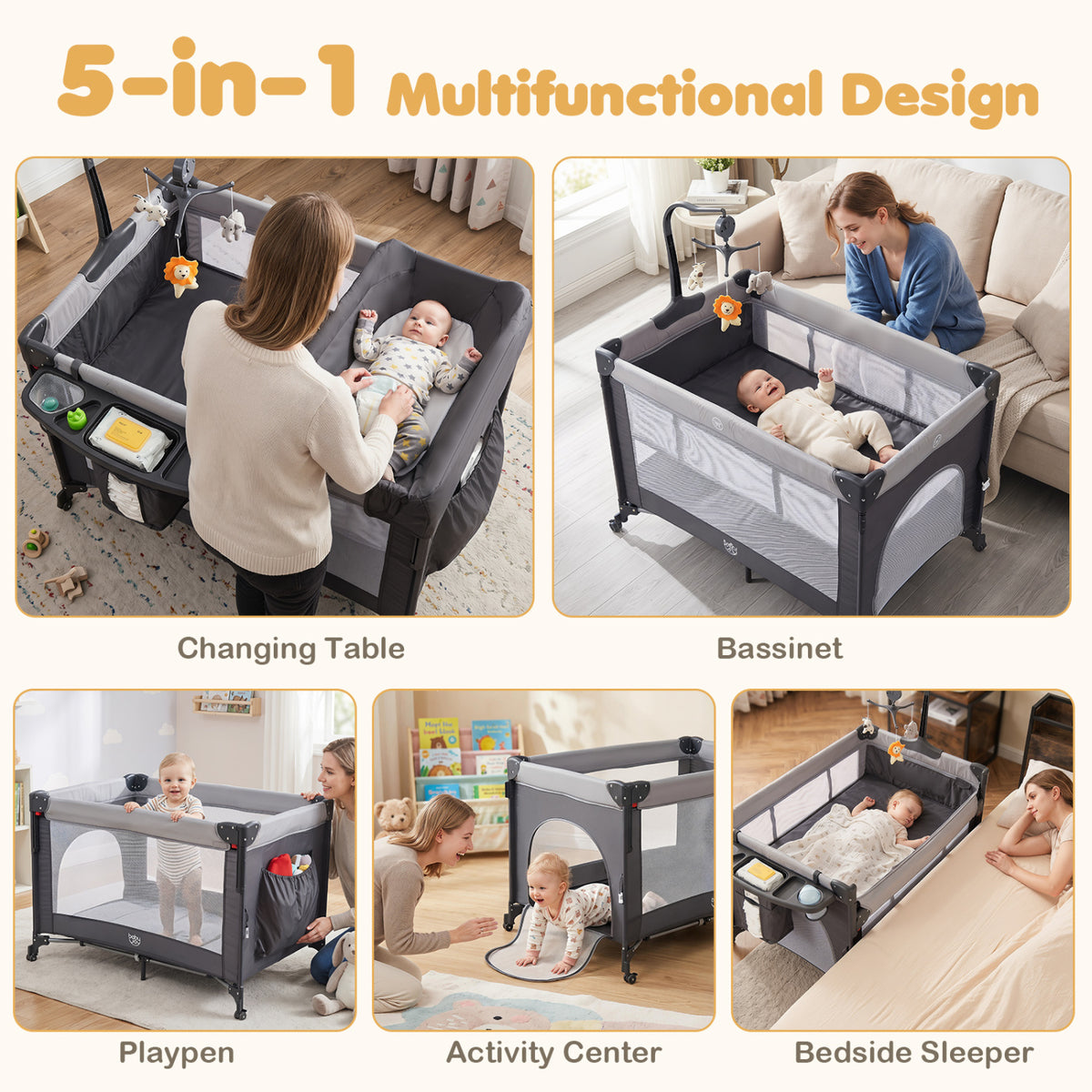 5 in 1 Portable Baby Pack and Play with Music Box and Hanging Toys-Black