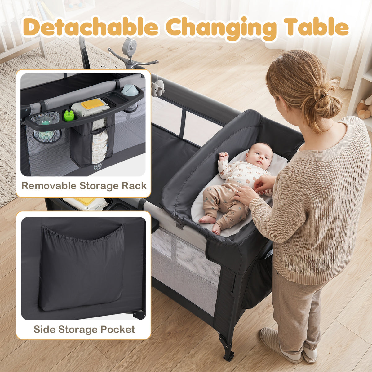 5 in 1 Portable Baby Pack and Play with Music Box and Hanging Toys-Black