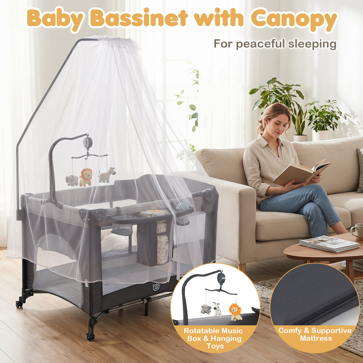5 in 1 Portable Baby Pack and Play with Music Box and Hanging Toys-Black