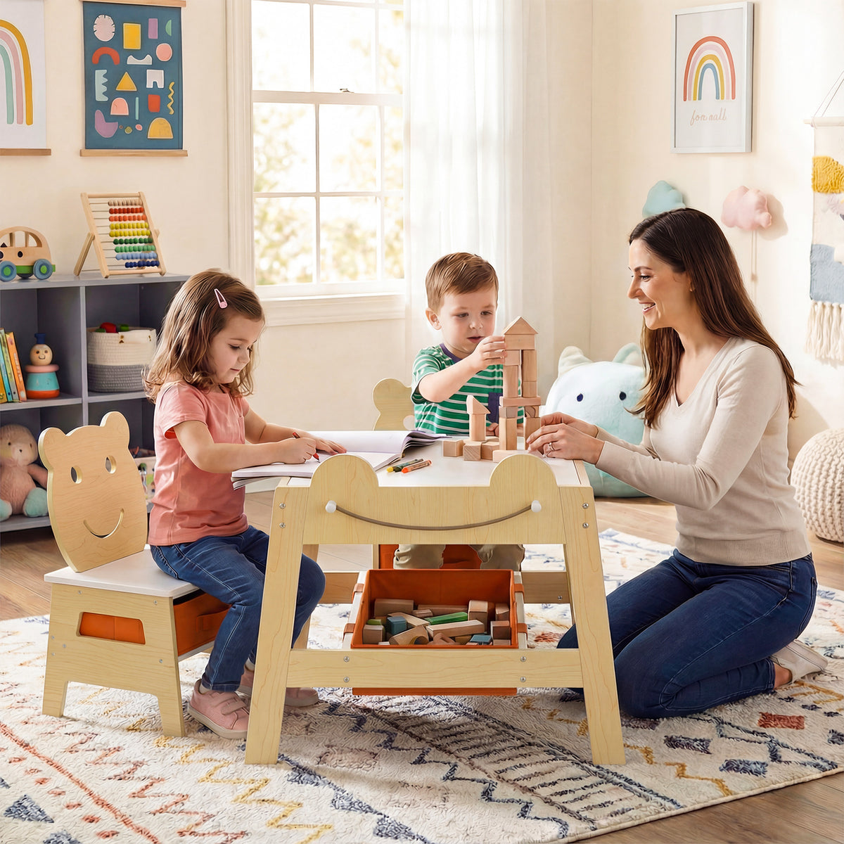 5-in-1 Toddler Table and 2 Chairs Cute Art Desk Set with Reversible Chalkboard Whiteboard