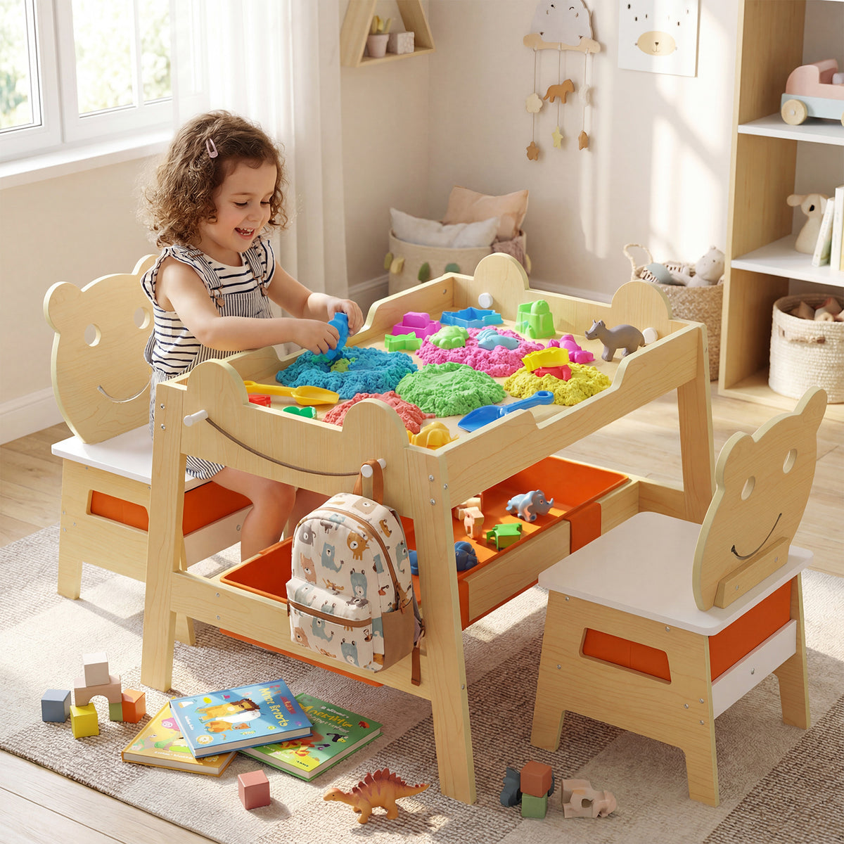 5-in-1 Toddler Table and 2 Chairs Cute Art Desk Set with Reversible Chalkboard Whiteboard