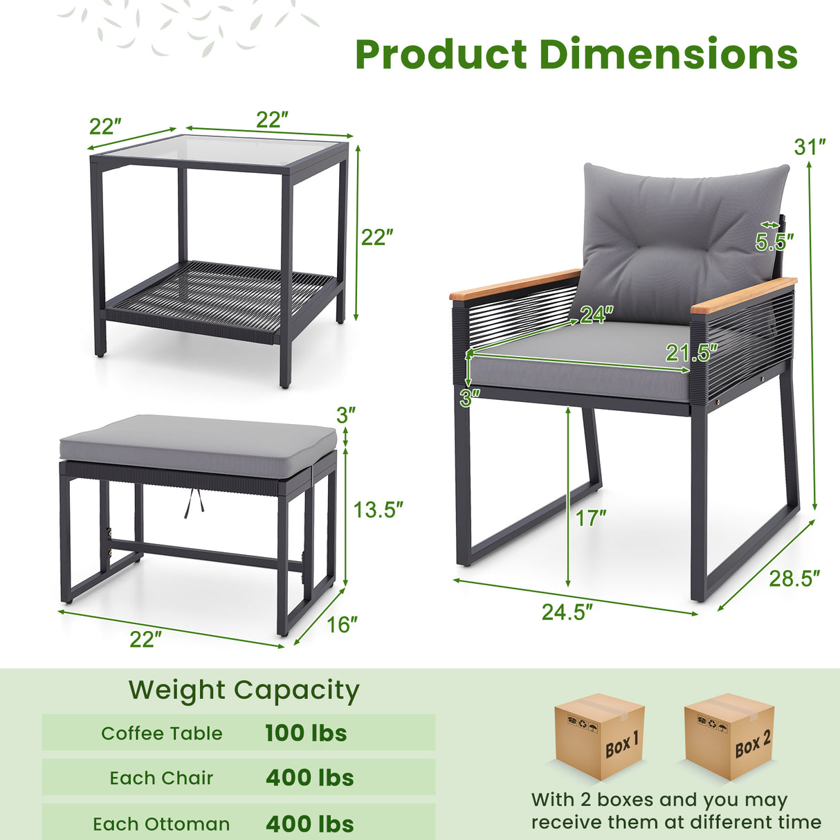 5 Piece Outdoor Rattan Conversation Set with 2-Layer Side Table and 2 Ottomans-Gray