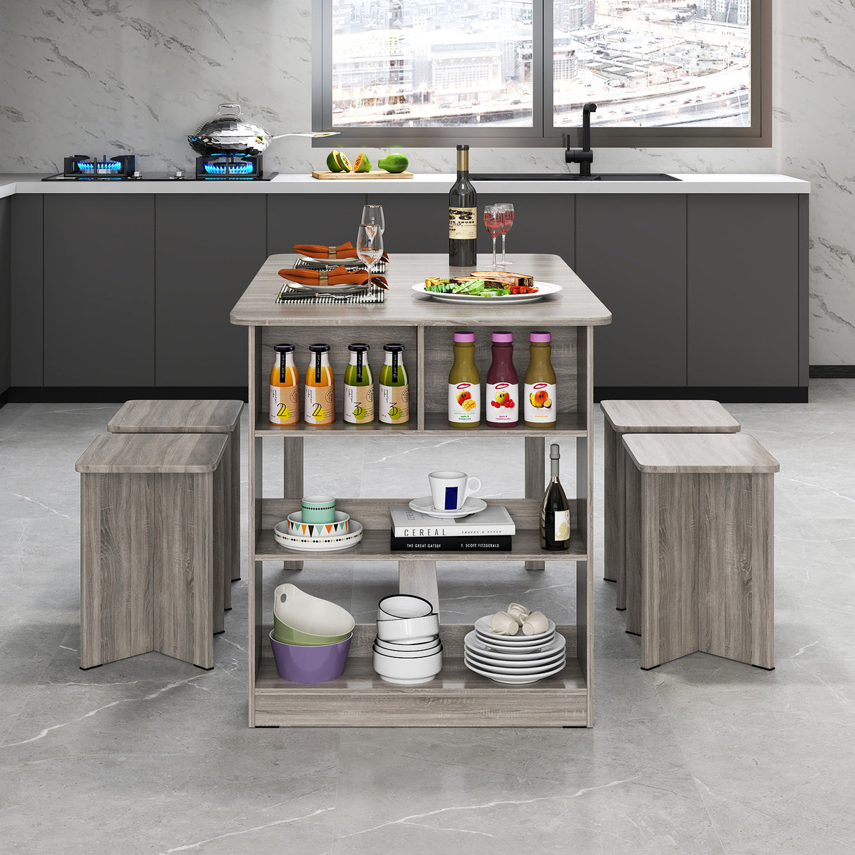 5 Pieces Dining Table Set with Storage Shelf and 4 Stools