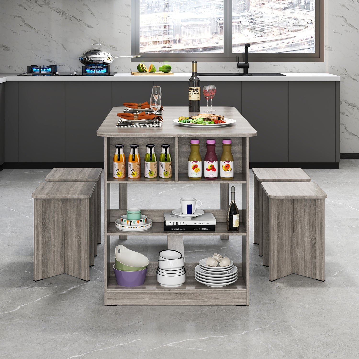 5 Pieces Dining Table Set with Storage Shelf and 4 Stools