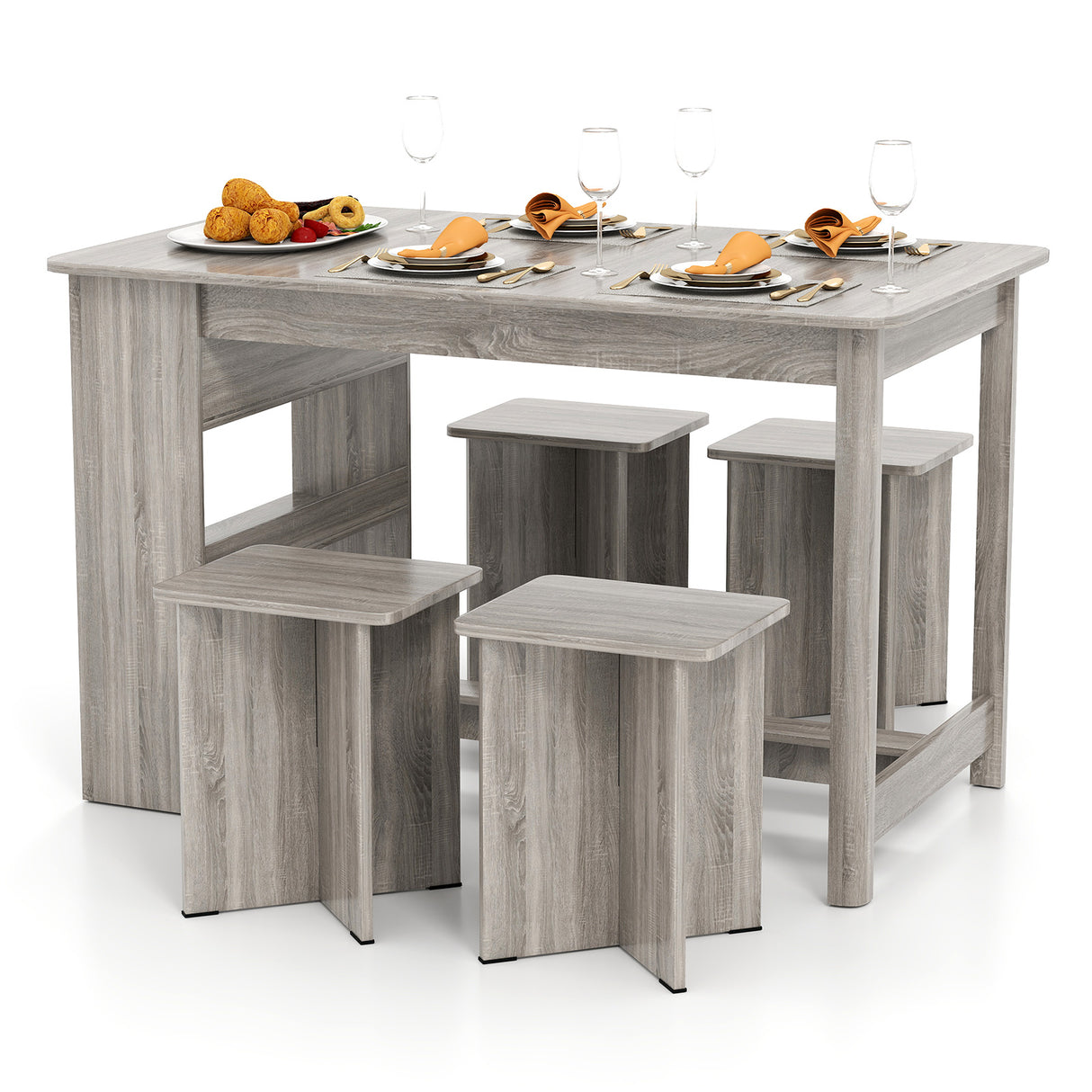 5 Pieces Dining Table Set with Storage Shelf and 4 Stools