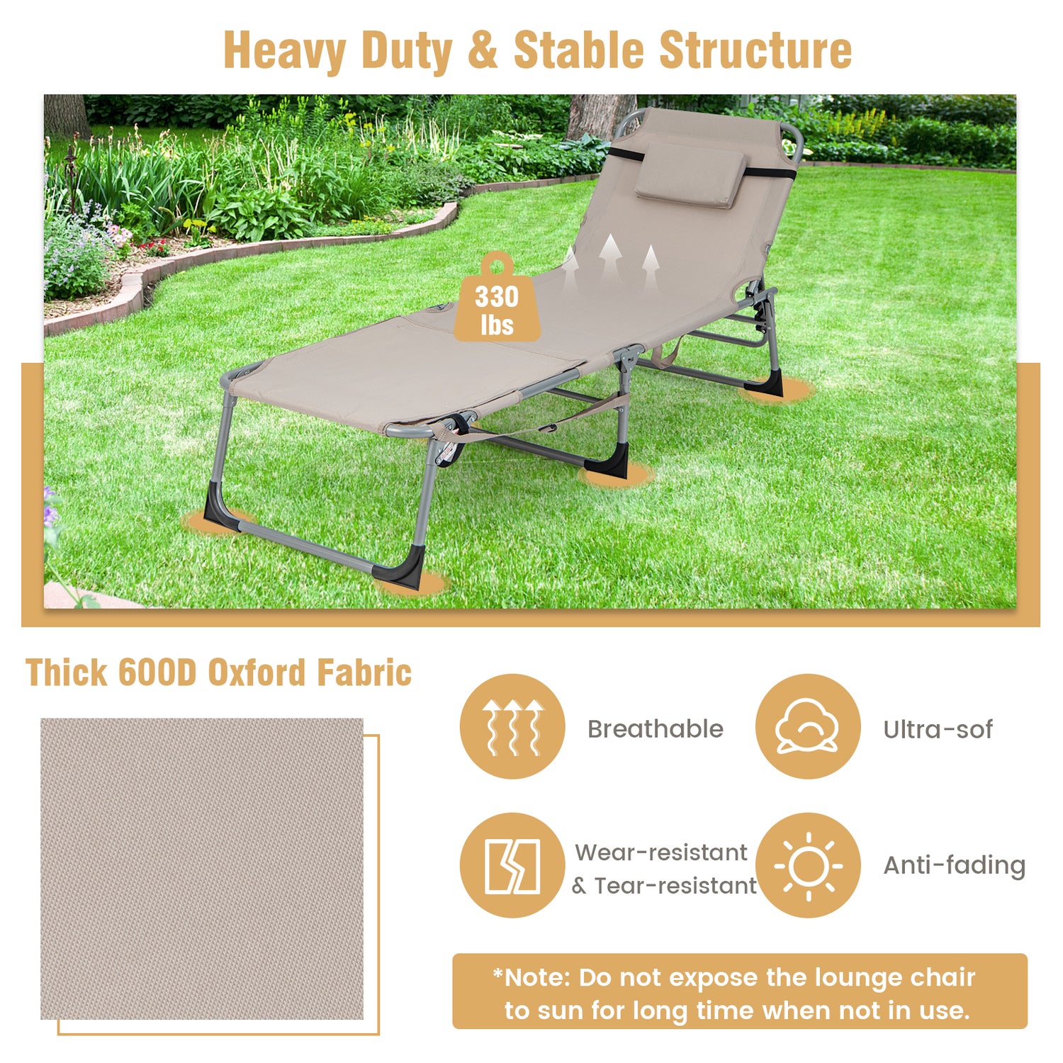 5-position Outdoor Folding Chaise Lounge Chair