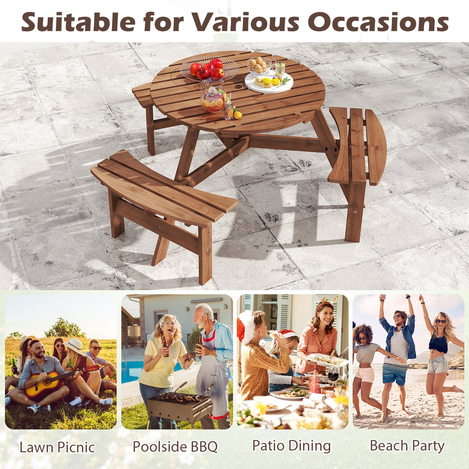 6-Person Round Picnic Table Set with 3 Built-in Benches and Umbrella Hole