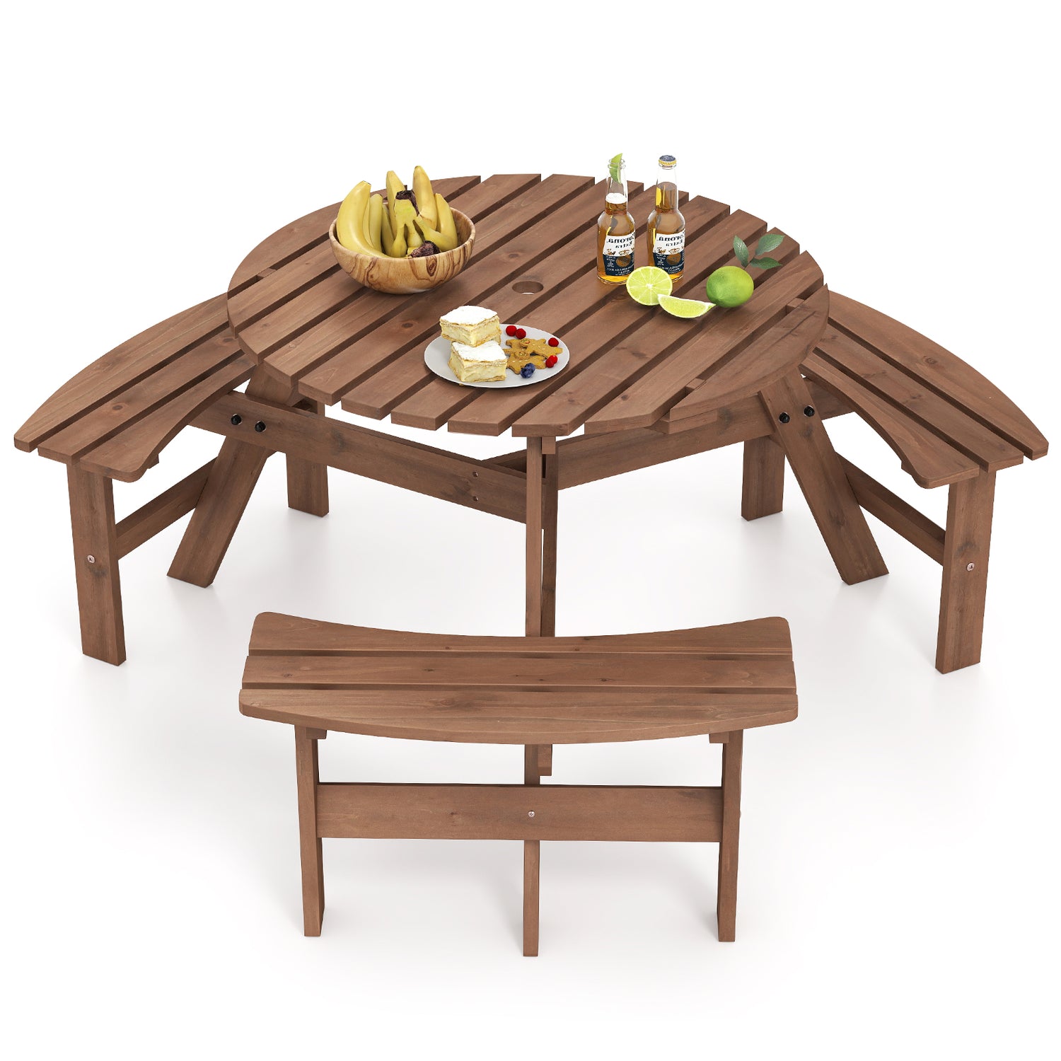 6-Person Round Picnic Table Set with 3 Built-in Benches and Umbrella Hole