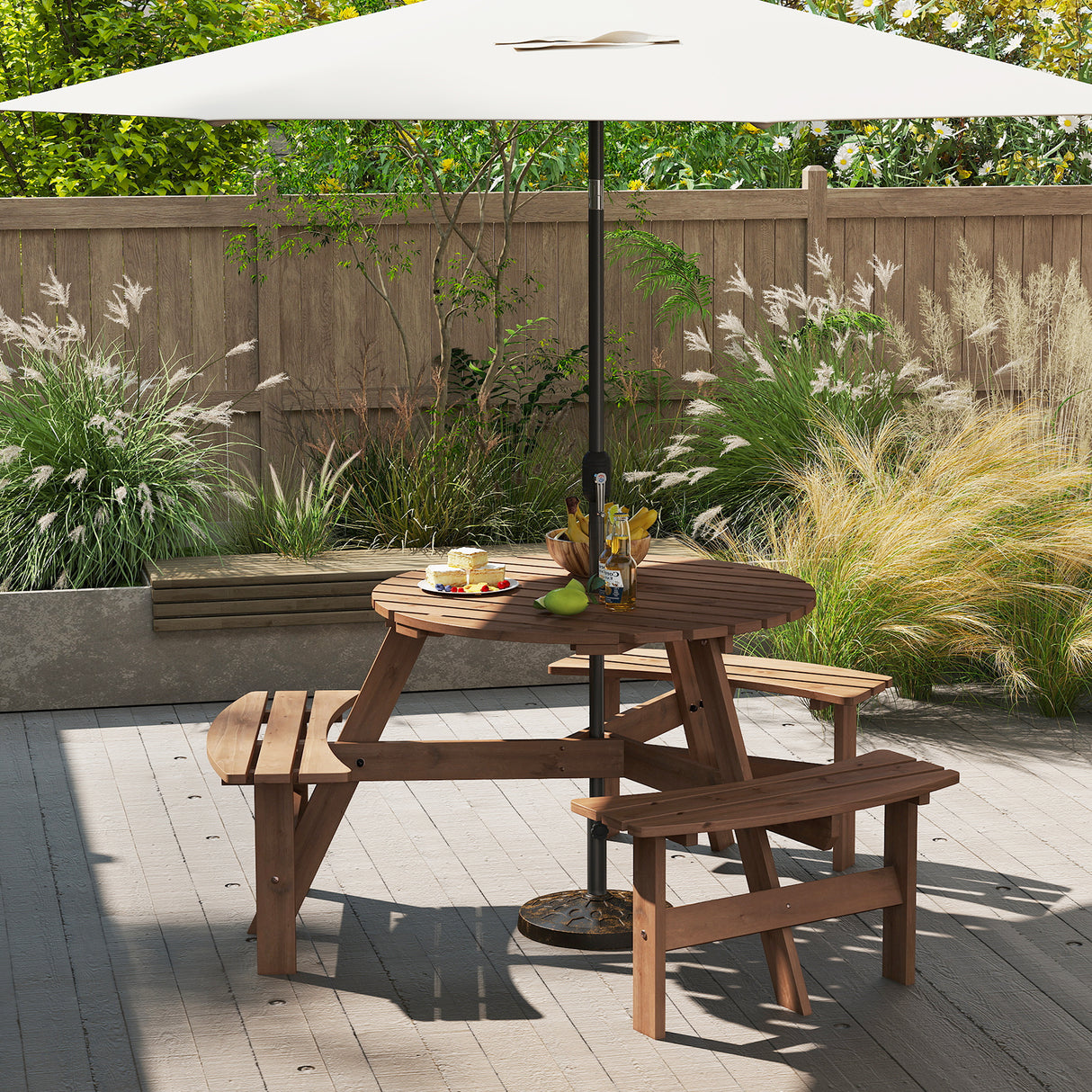 6-Person Round Picnic Table Set with 3 Built-in Benches and Umbrella Hole