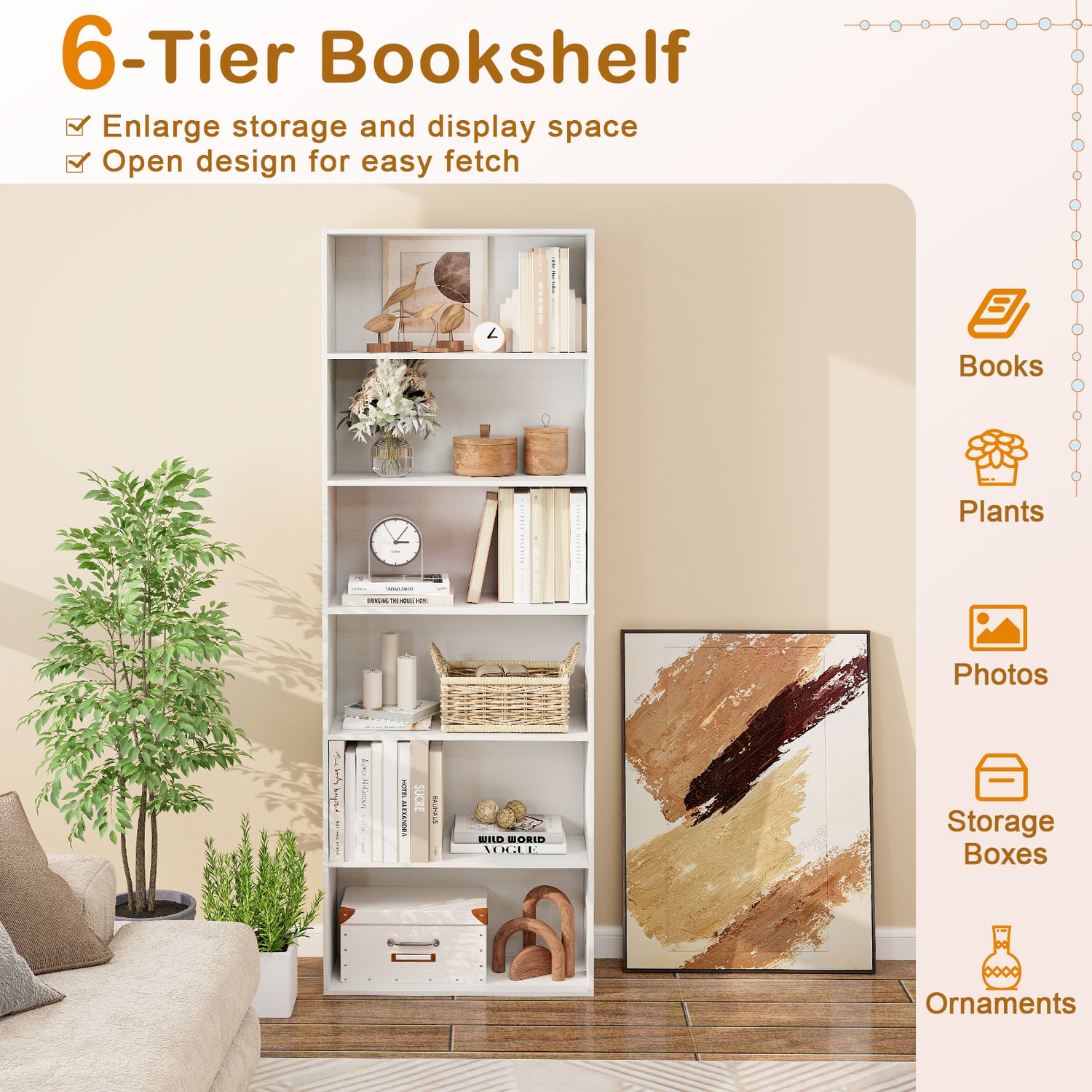 6-Tier Bookcase with 6 Open Shelves and Anti-Toppling Kits