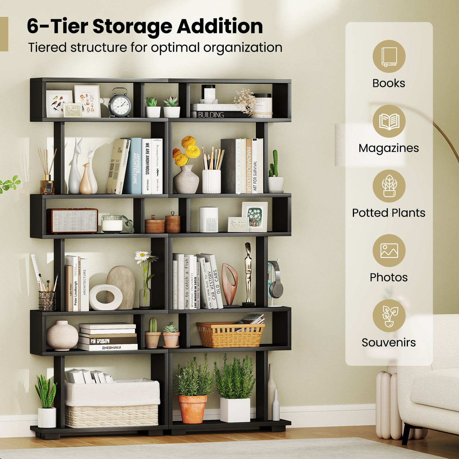 6-Tier Bookcase with Anti-Tipping Kit