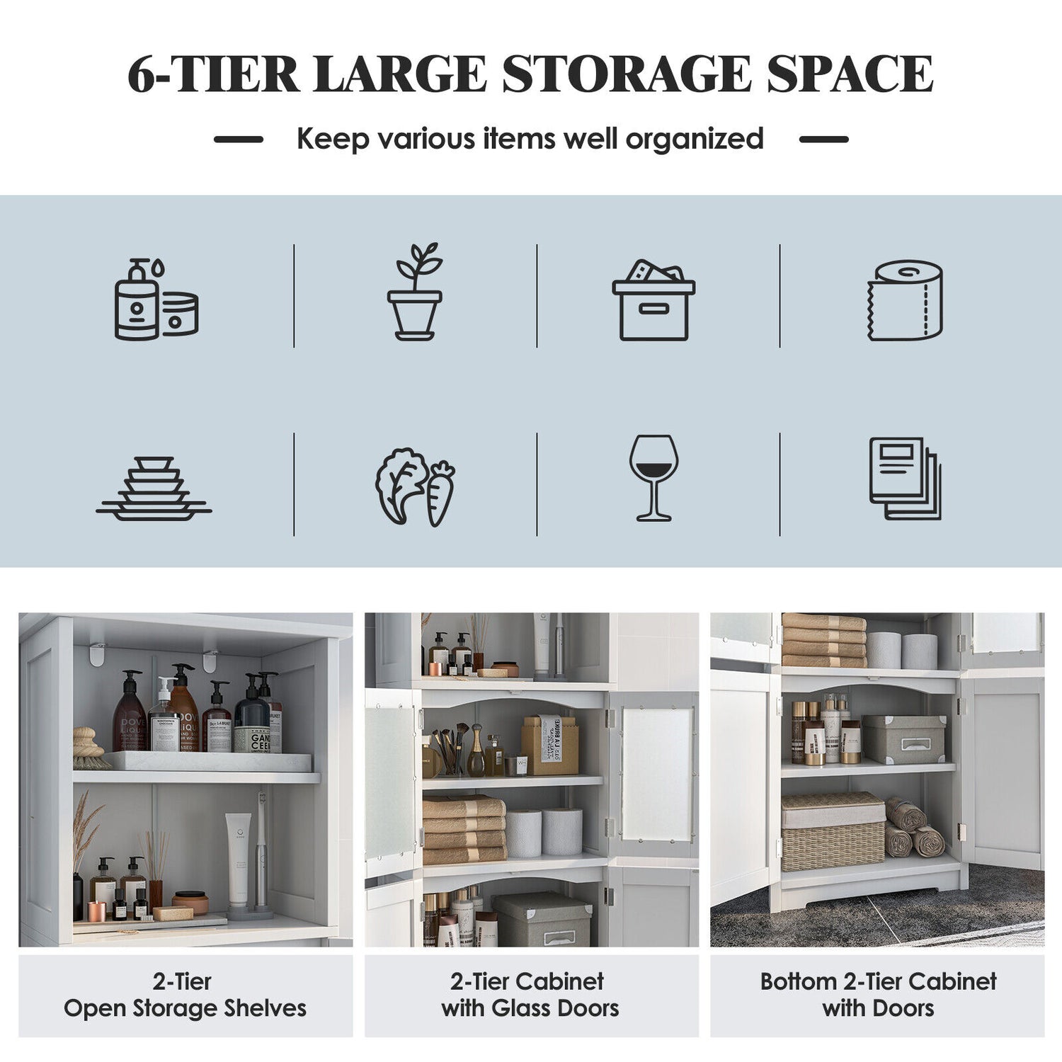6-Tier Freestanding Bathroom Cabinet with 2 Open Compartments and Adjustable Shelves
