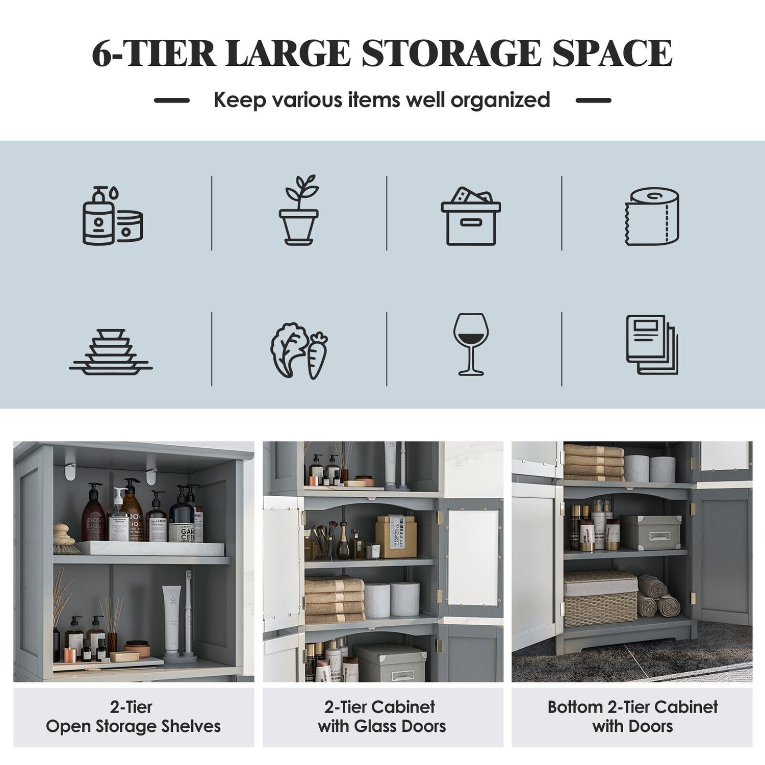 6-Tier Freestanding Bathroom Cabinet with 2 Open Compartments and Adjustable Shelves